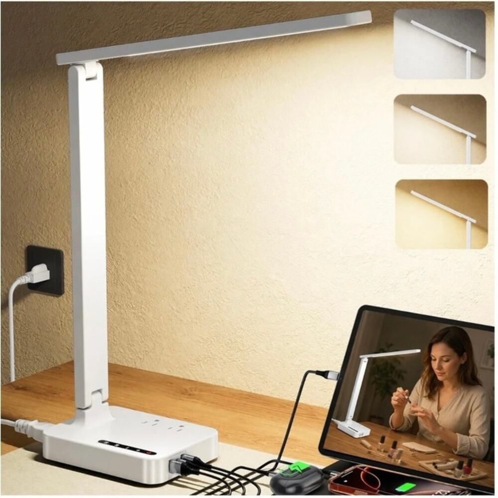 Cozoo Desk Lamp For Home Office With 3-Port Smart Super Charging Ports White